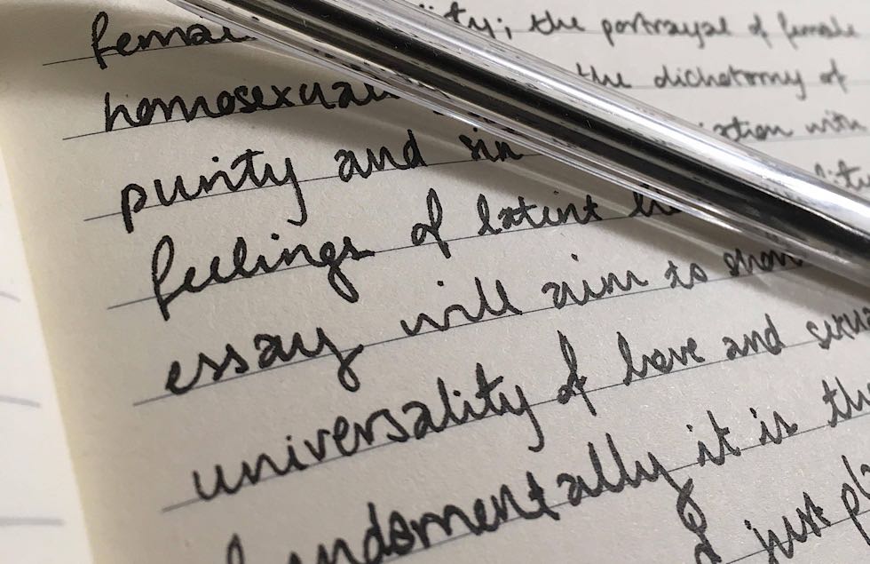 A pen lies on top of a book with handwritten notes on sexuality